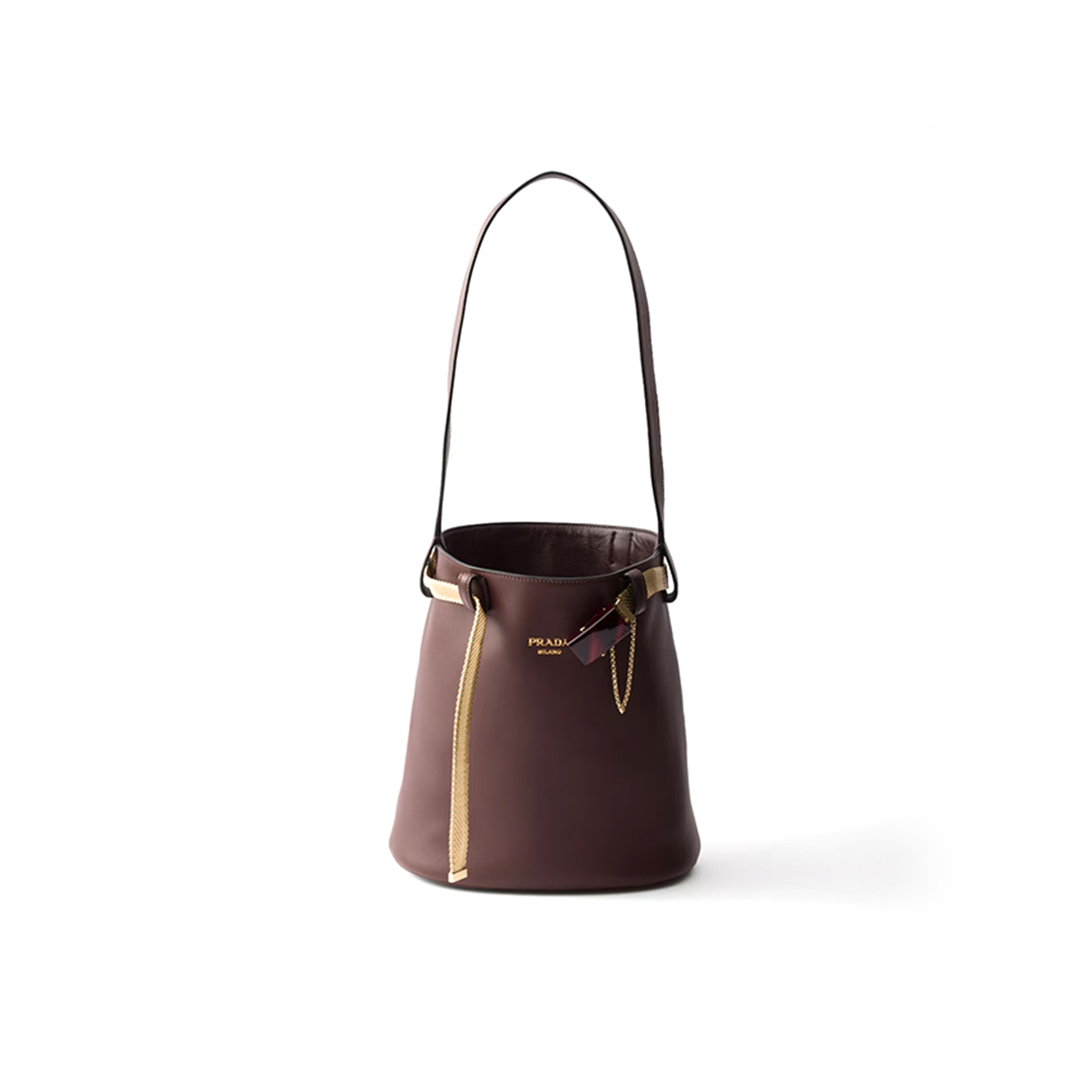 PRADA BUCKLE LEATHER BUCKET BAG WITH JEWELED BELT 1BE085 (29*16.5*18cm)
